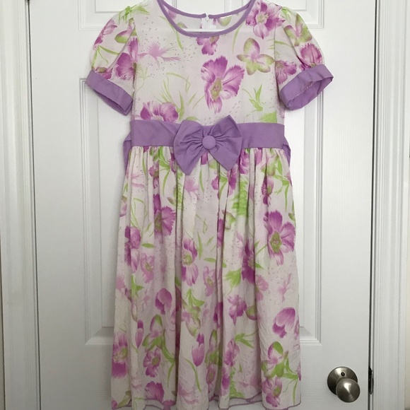 Purple White Floral Short Sleeve Dress Girls Size 9 With Front Bow Back Zipper - Picture 1 of 8